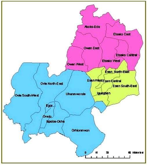 A detailed map of Edo State, Nigeria, highlighting its 18 Local Government Areas, including Oredo and Akoko-Edo—key contenders for the oldest local government in Edo State.