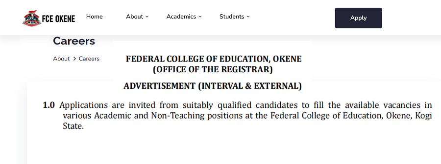 FCE Okene Recruitment 2025